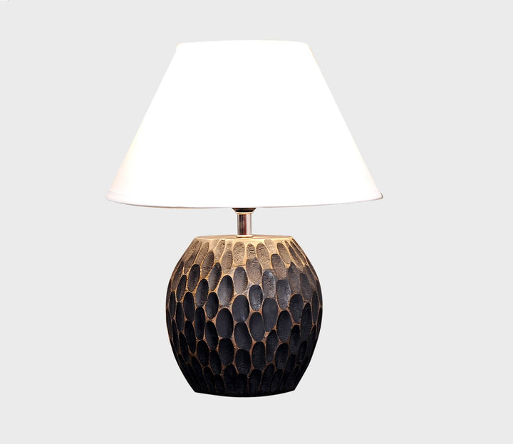 Black Carved Wood Table Lamp with White Cotton Shade