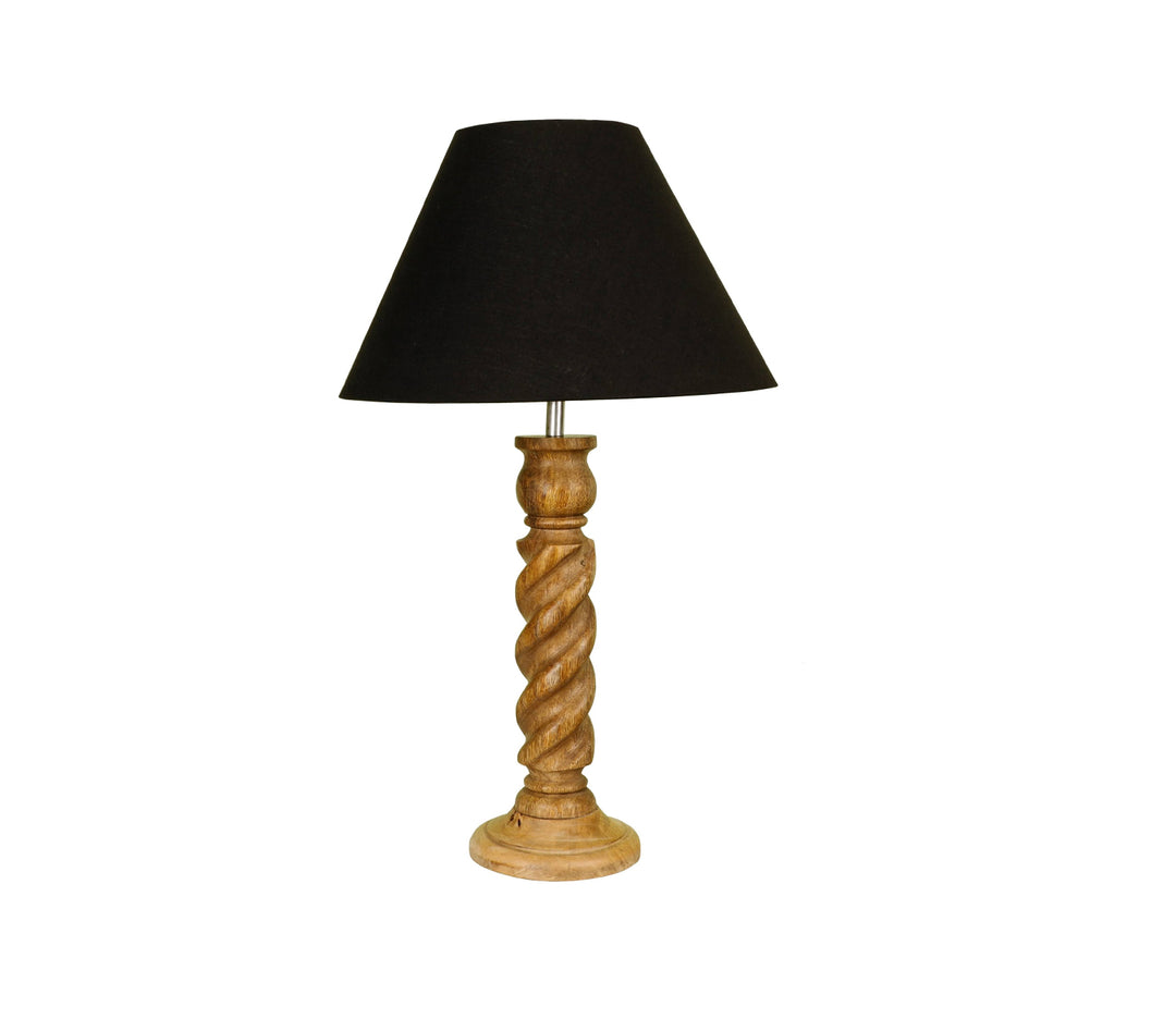 Hand-Carved Sheesham Wood Table Lamp with Textured Rope Base & Black Shade (Large)