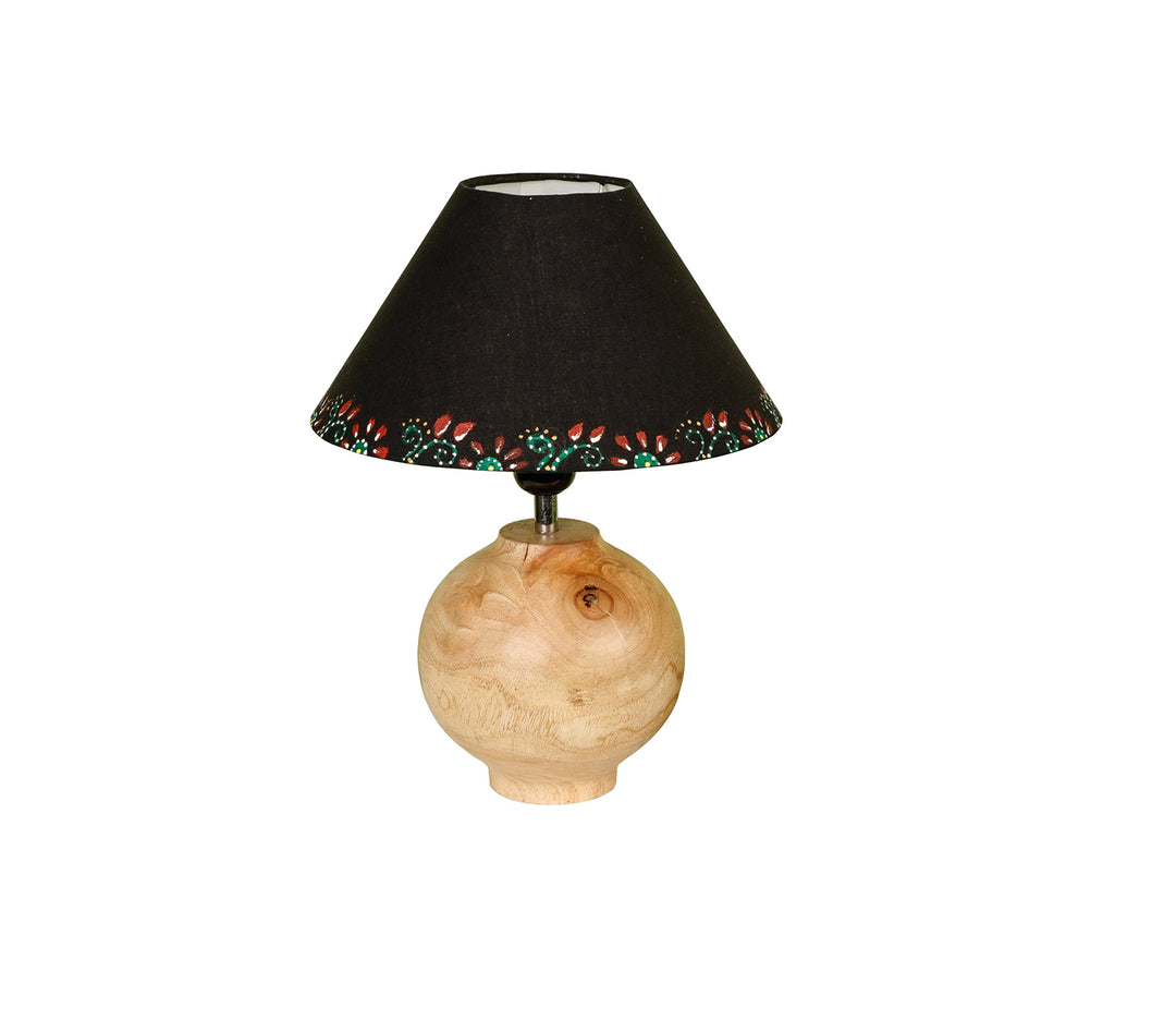 Hand-Carved Sheesham Wood Table Lamp with Minimalist Base & Bordered Black Shade (Medium)