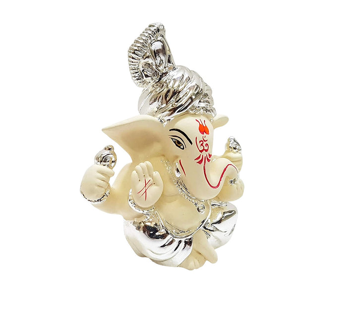 Captivating Sitting Ganesha Idol in White with Silver Pagdi