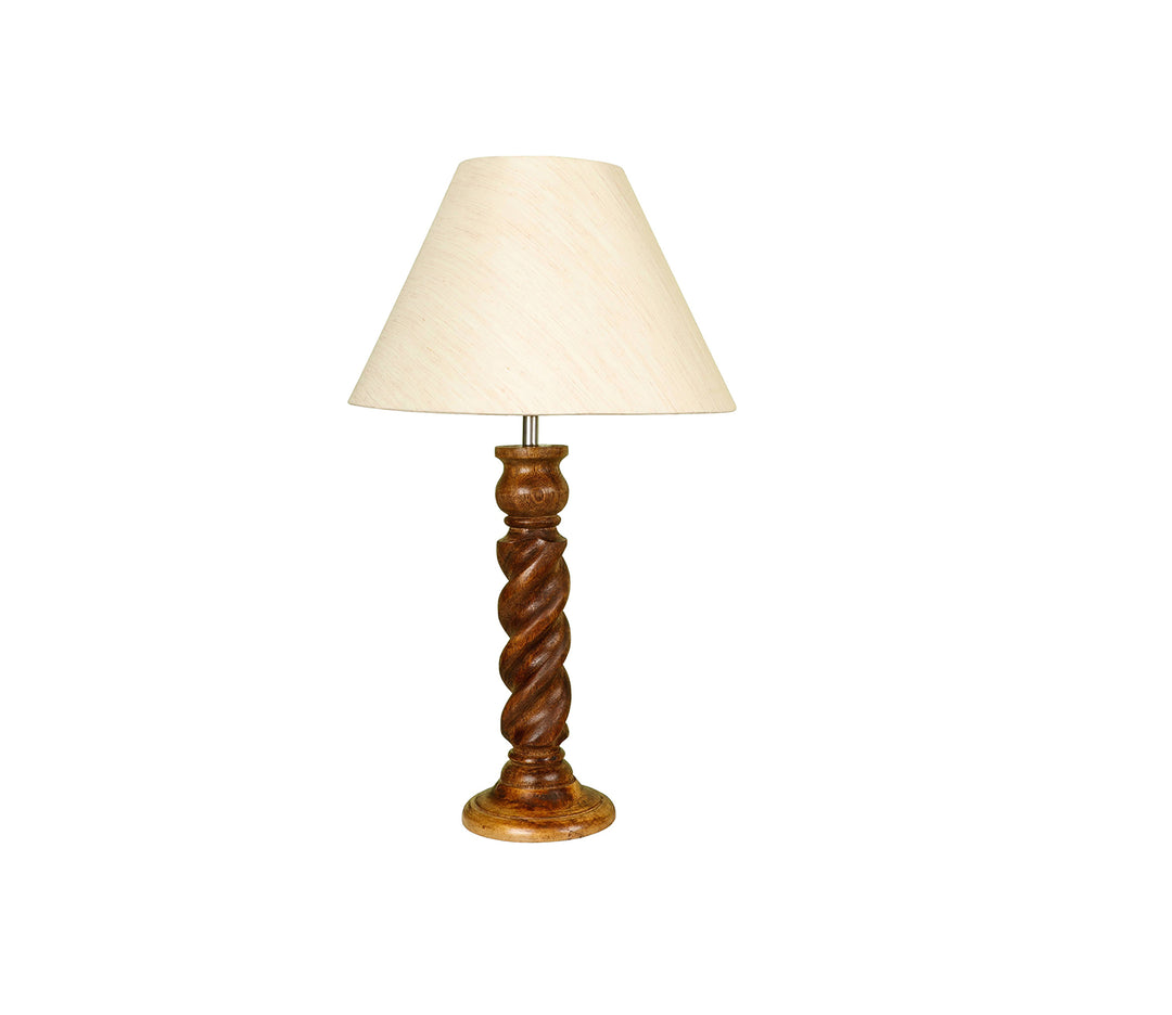 Hand-Carved Wooden Table Lamp with Rope Detail & Beige Shade (Large)