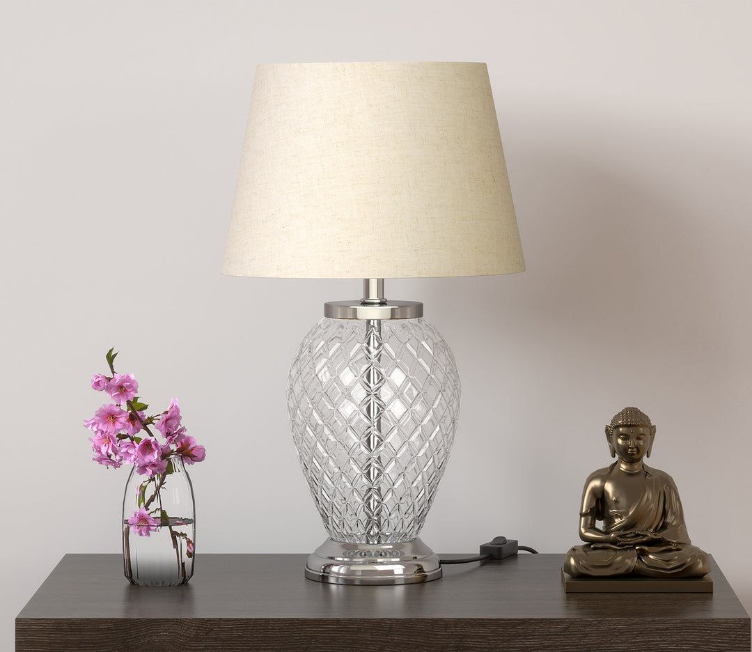 Silver Table Lamp with Diamond Cut Glass & White Shade