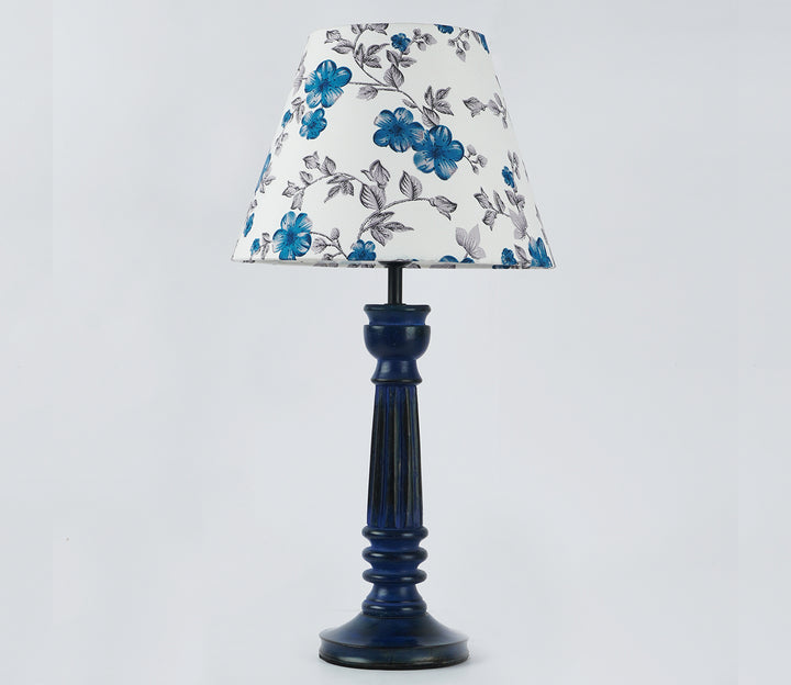 Blue Floral Vintage Wood Table Lamp with Shade