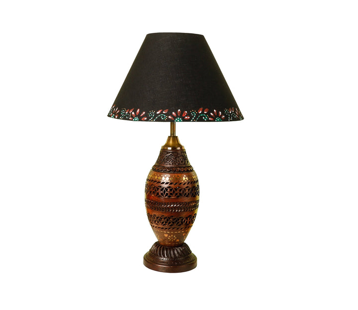 Hand-Carved Sheesham Wood Table Lamp with Intricate Kashmiri Design & Black Shade (Large)