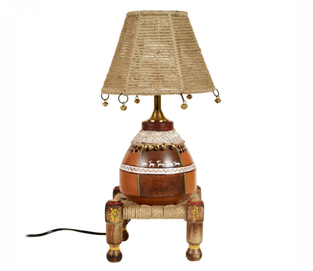 Hand-Knitted Terracotta Table Lamp with Jute Shade