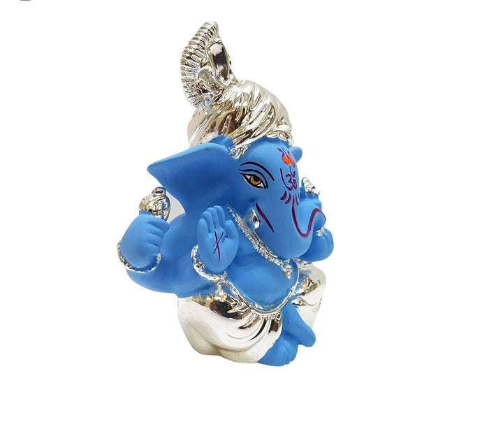Silver Plated Blue Ceramic Ganesha Idol