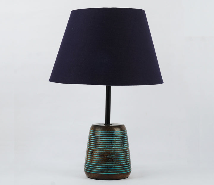 Blue Ribbed Wood Table Lamp