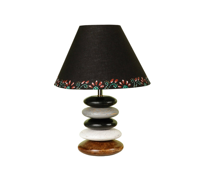Handcrafted Distressed Wood Table Lamp with Multicolor Accents and Black Shade