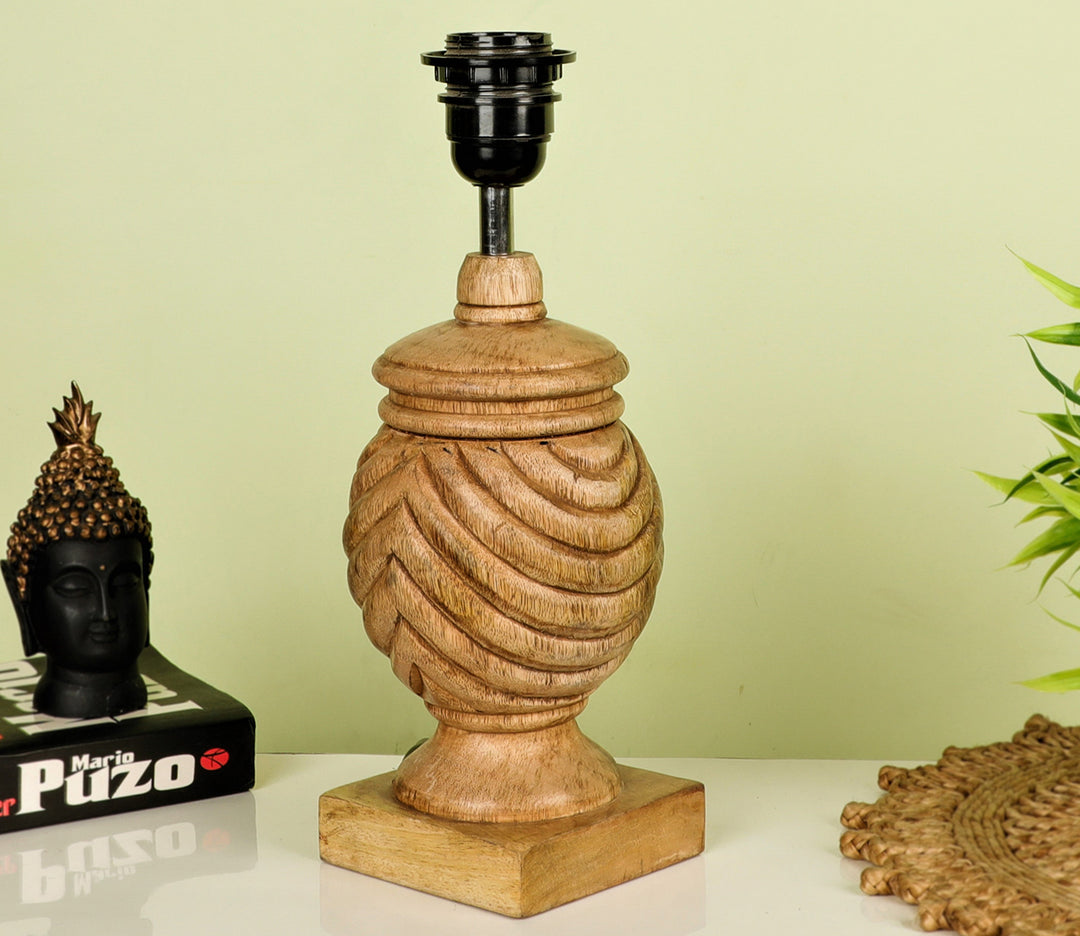 Hand-Carved Sheesham Wood Table Lamp with Ring Detail & Bordered Black Shade (Medium)