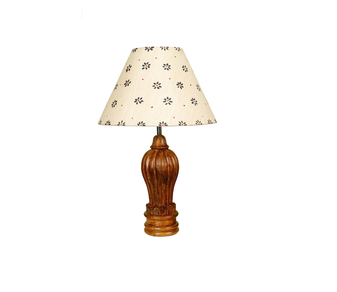 Hand-Carved Coffee Colored Wood Table Lamp with Floral Fabric Shade (Large)