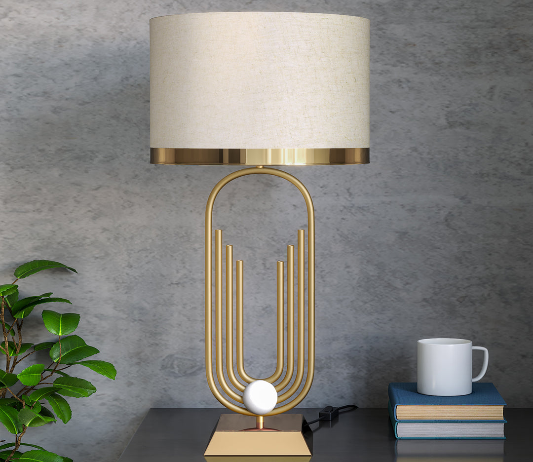 Brass Antique Gold Table Lamp with Off-White Drum Shade