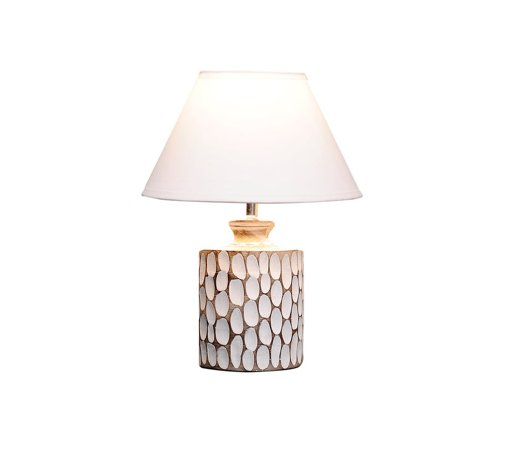Mini White Shade Carved Wood Table Lamp