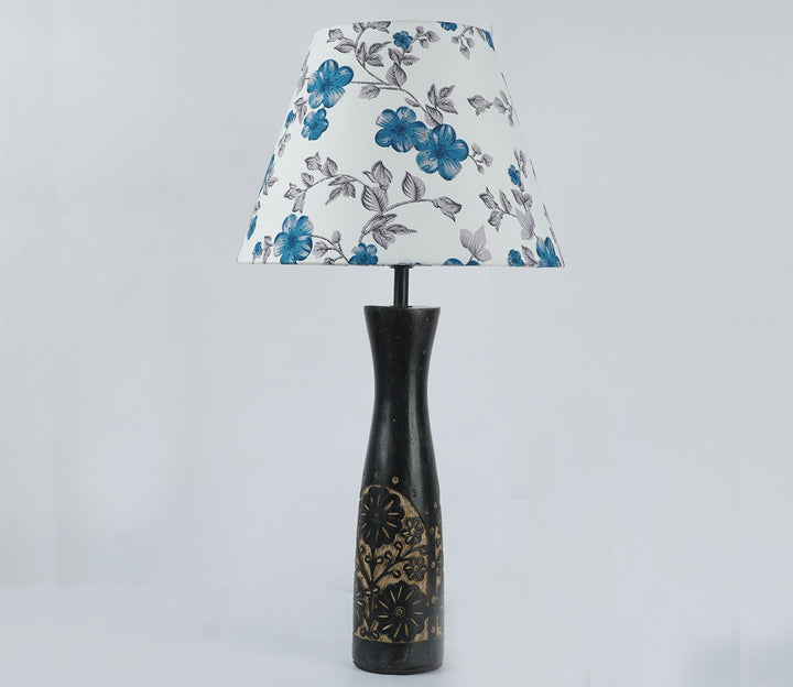 Blue Floral Impressed Wood Table Lamp with Shade