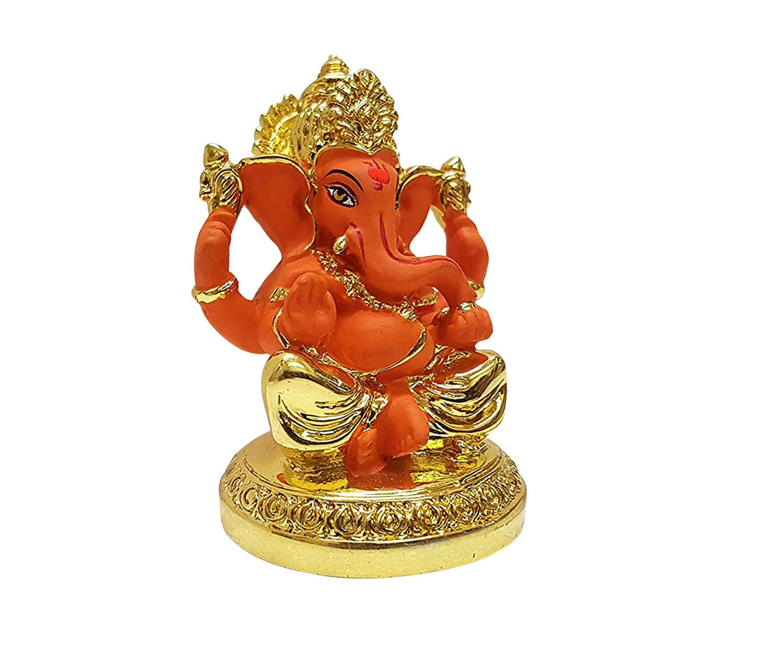 Captivating Mini Ganesha Idol in Gold and Orange with Mukut and Base