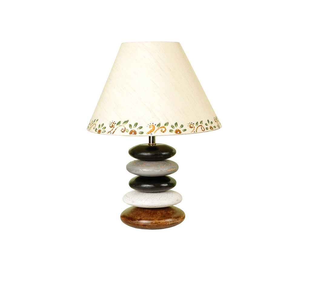 Handcrafted Distressed Wood Table Lamp with Multicolor Accents and Beige Shade