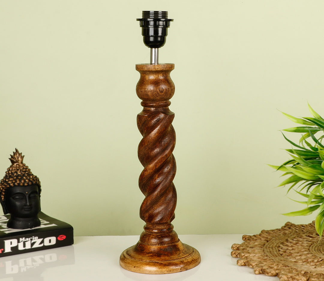 Hand-Carved Coffee Wood Table Lamp with Rope Detail & Bordered Shade (Large)