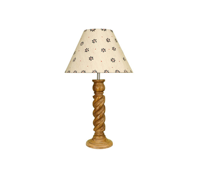 Hand-Carved Sheesham Wood Table Lamp with Textured Rope Base & Floral Beige Shade (Large)
