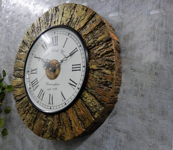 Wooden Wall Clock with Golden Tree Bark Texture