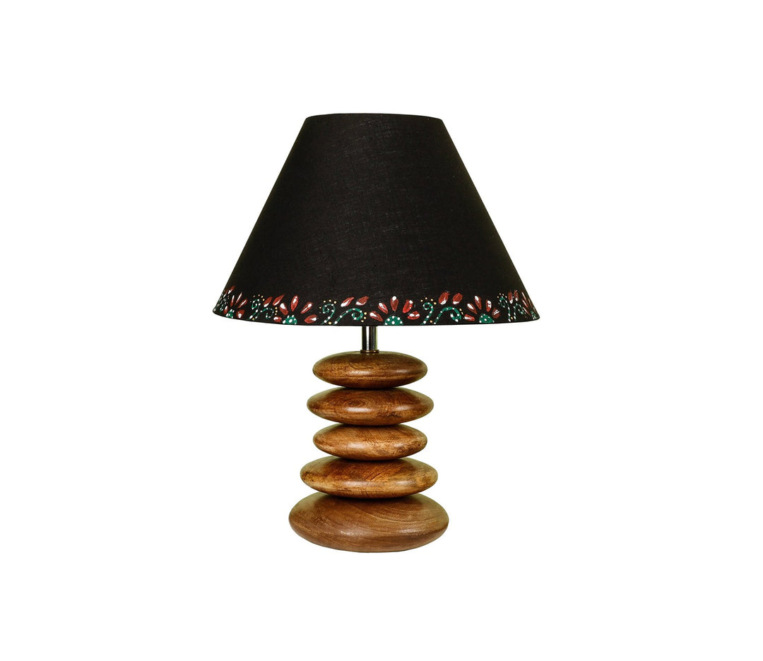 Handcrafted Wooden Table Lamp with Brown Accents and Black Shade
