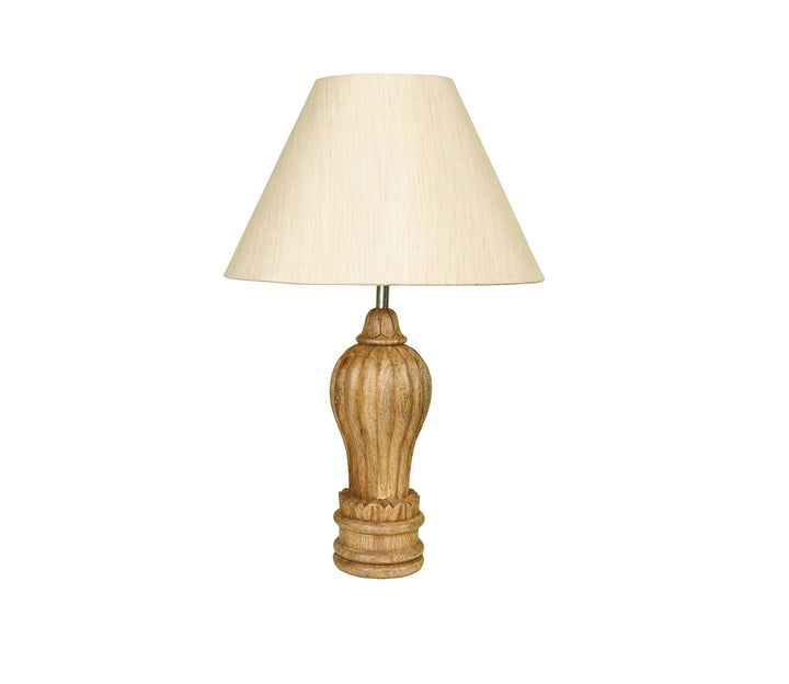 Hand-Carved Sheesham Wood Table Lamp with Sculptural Base & Beige Shade (Large)