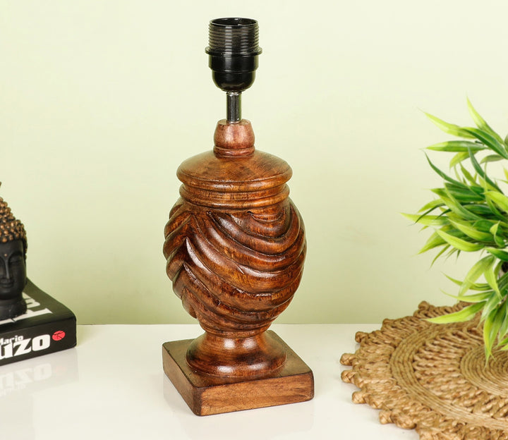 Hand-Carved Wood Table Lamp with Rings & Black Shade (Medium)