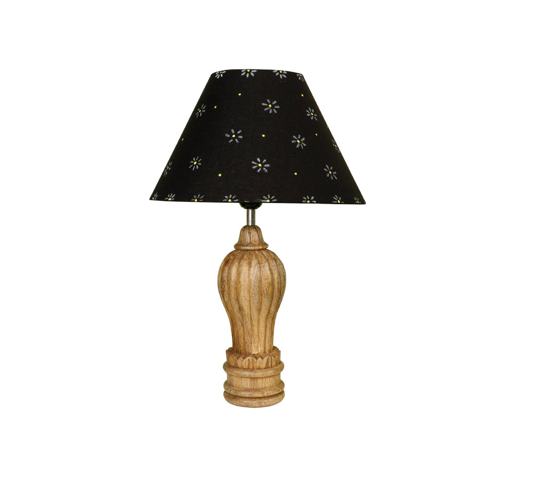 Hand-Carved Sheesham Wood Table Lamp with Sculptural Base & Floral Black Shade (Large)