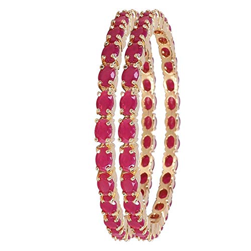 Gold Plated Red Ruby Oval Bangles Set - Brass, Size 2.6 | Gold Plated American Diamond CZ Red Ruby Oval Shape Bangles Set