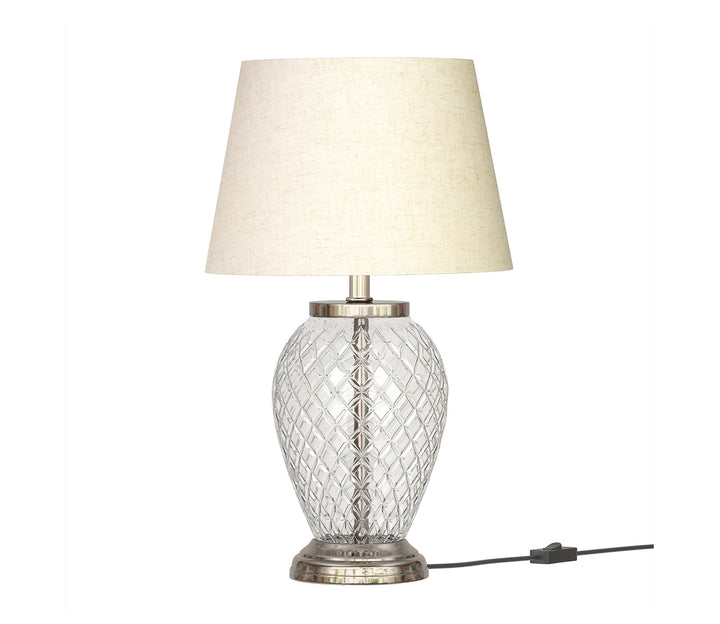 Silver Table Lamp with Diamond Cut Glass & White Shade