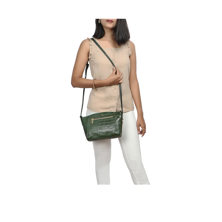 Green Leather Sling Bag | Chic Emerald Green Cro Melb Ran Sling Bag