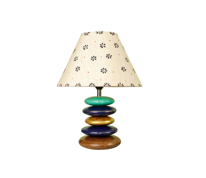 Handcrafted Wooden Table Lamp with Blue Accents and Floral Shade