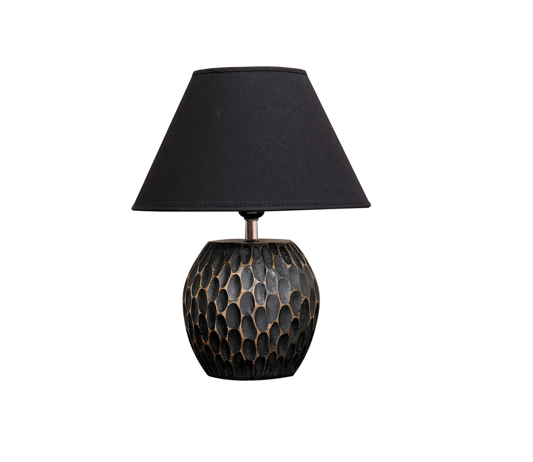 Black Carved Wood Mini Table Lamp with Black Cotton Shade