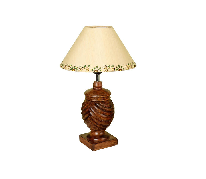 Hand-Carved Wood Table Lamp with Rings & Handpainted Shade (Medium)