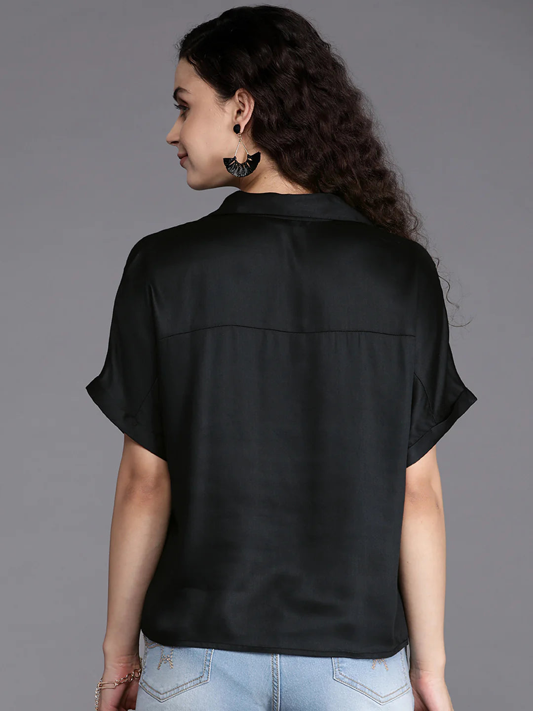 Black Satin Shirt Top | Chic Black Satin Half-Placket Shirt Top