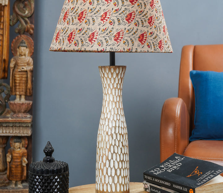Red Floral Textured Wood Table Lamp