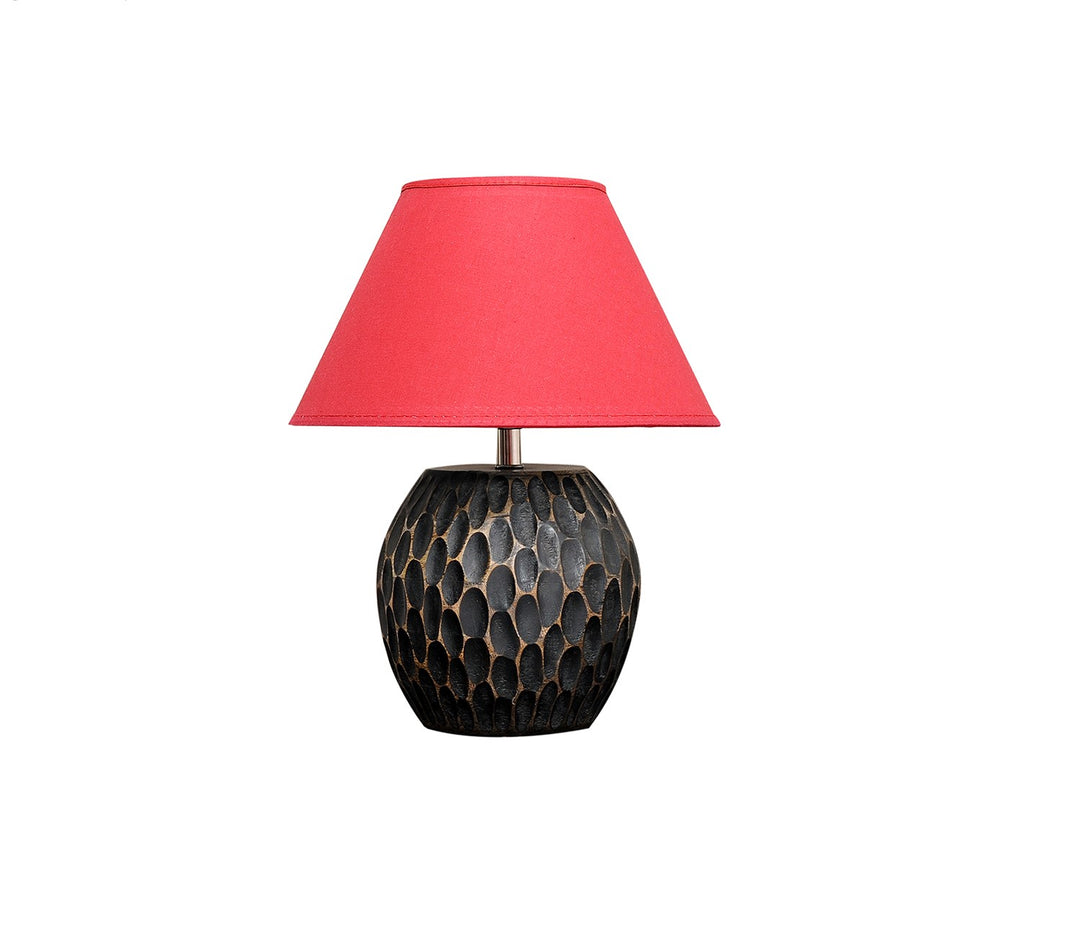 Distressed Wood Table Lamp with Maroon Shade