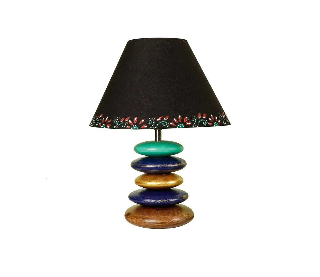 Handcrafted Wooden Table Lamp with Blue Accents and Black Shade