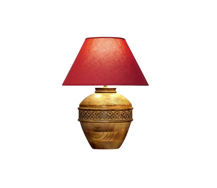 Wood Table Lamp with Maroon Cotton Shade
