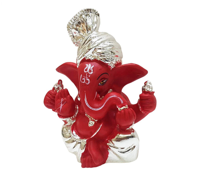 Captivating Mini Ganesha Idol in Silver and Red with Pagdi