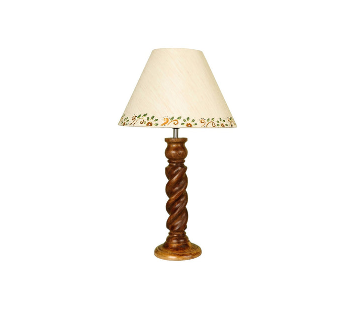 Hand-Carved Coffee Wood Table Lamp with Rope Detail & Bordered Shade (Large)