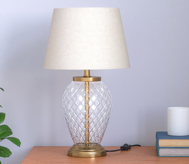 Brass Table Lamp with Diamond Cut Glass & White Shade