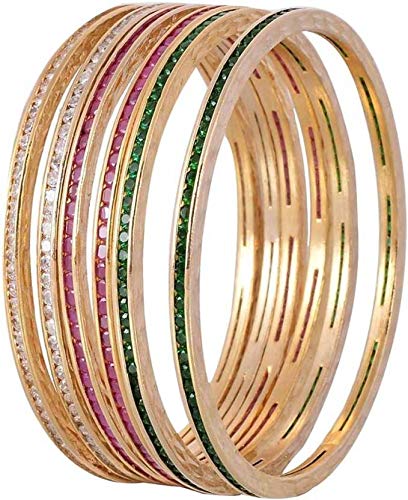 Gold-Plated CZ Traditional Bangles Set | Beautiful CZ/AD Gold Bangles - Red Green White Set