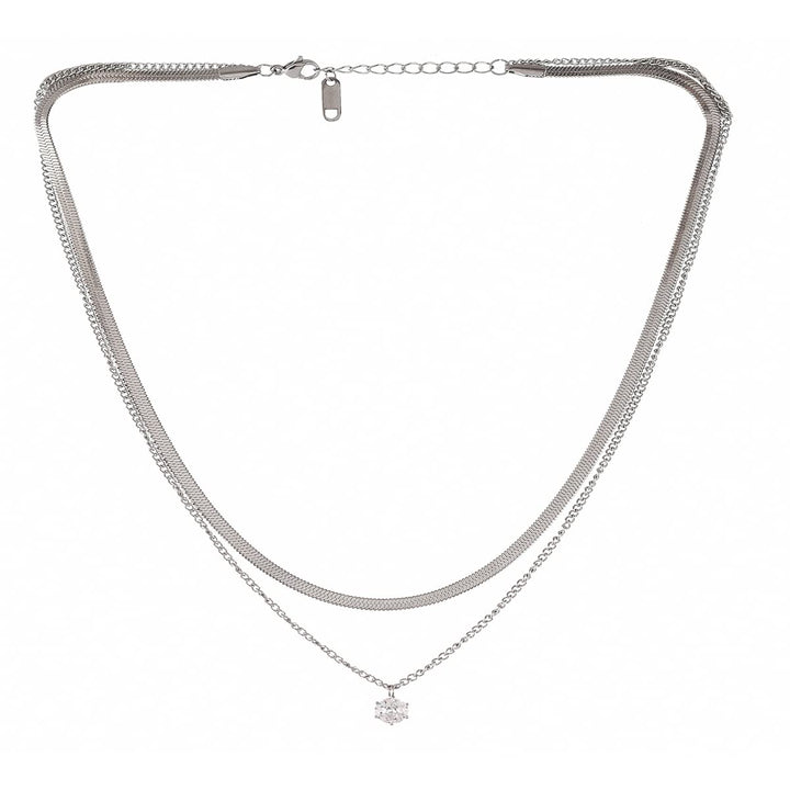Layered Chain Drop Necklace | Silver Flat Necklace with Layered Chain Drop for Women and Girls
