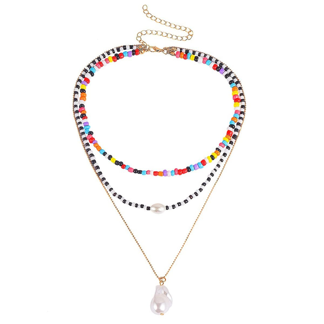 Layered Choker Necklace for Women and Girls of 3 Pcs | Water Drop Faux Pearl Pendant Colourful Rice Beaded Layered Choker Necklace for Women of 3 Pcs & Girls