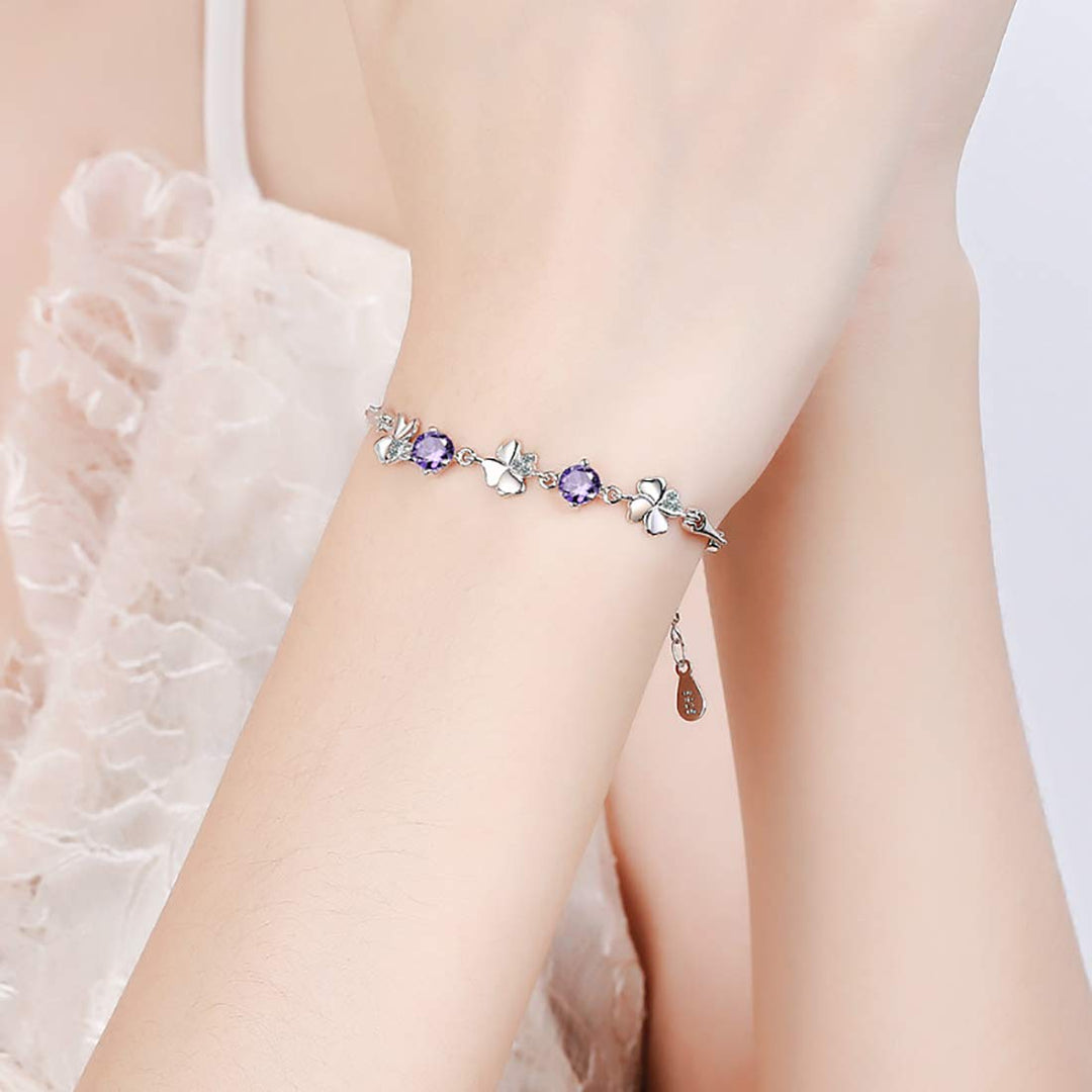 Rhodium Plated Clover Charm Bracelet | Rhodium Plated 18k Purple Clover Charm Bracelet for Women and Girls