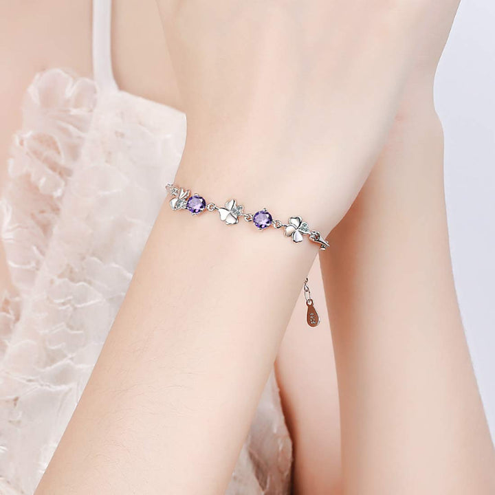 Rhodium Plated Clover Charm Bracelet | Rhodium Plated 18k Purple Clover Charm Bracelet for Women and Girls