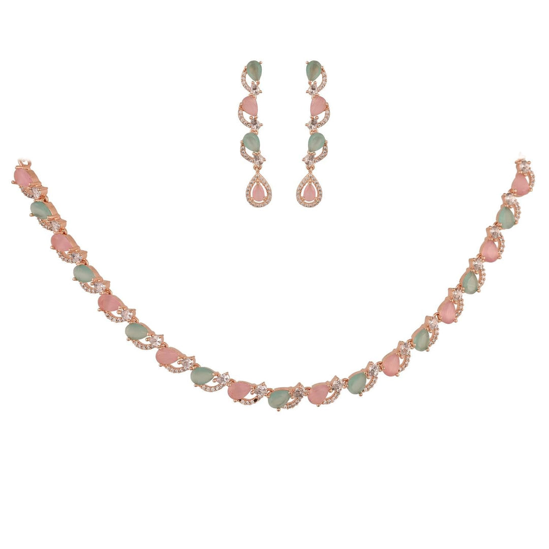 Rose Gold Plated American Diamond Necklace Set | Rose Gold AD Multi Necklace Set - Designer Glam