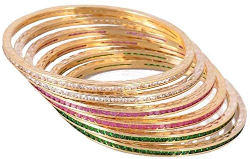 Gold-Plated CZ Traditional Bangles Set | Beautiful CZ/AD Gold Bangles - Red Green White Set