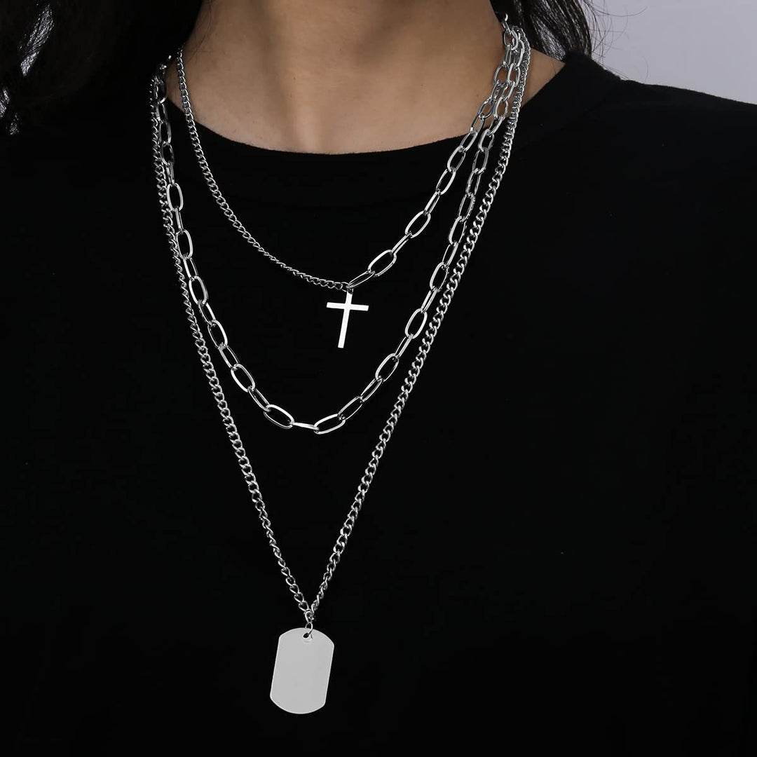 Layered Silver Necklace with Pendants. | Unique Layering Silver Necklace with Cross & Dogtag Pendants