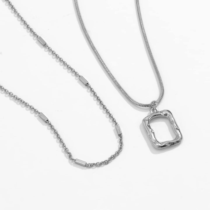 Double Layering Gothic Chain with Pendant | Silver Punk Double Layering Gothic Chain with Square Pendant