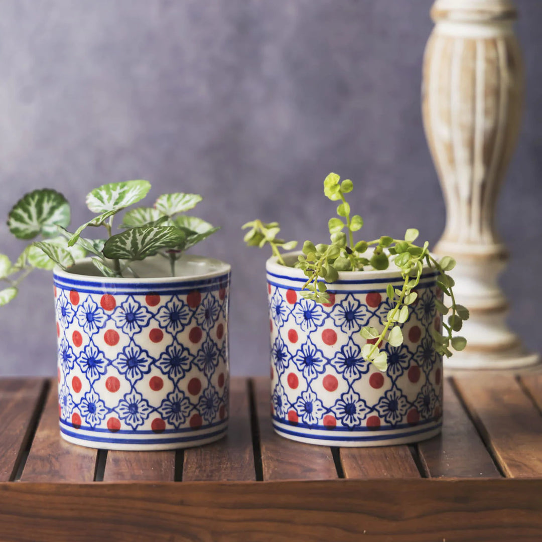 Blue Pattern Ceramic Planter Set | Brown & Blue Pattern Small Planter Pot Set of 2